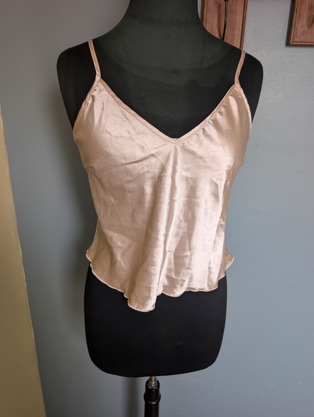 Cropped Sleeveless Satin V-Neck Cami Top in Beige